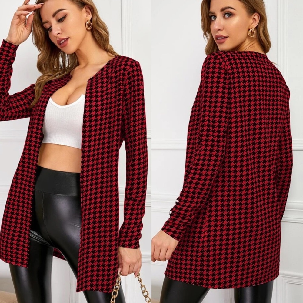 Collarless long line blazer jacket black white houndstooth print - Picture 2 of 2